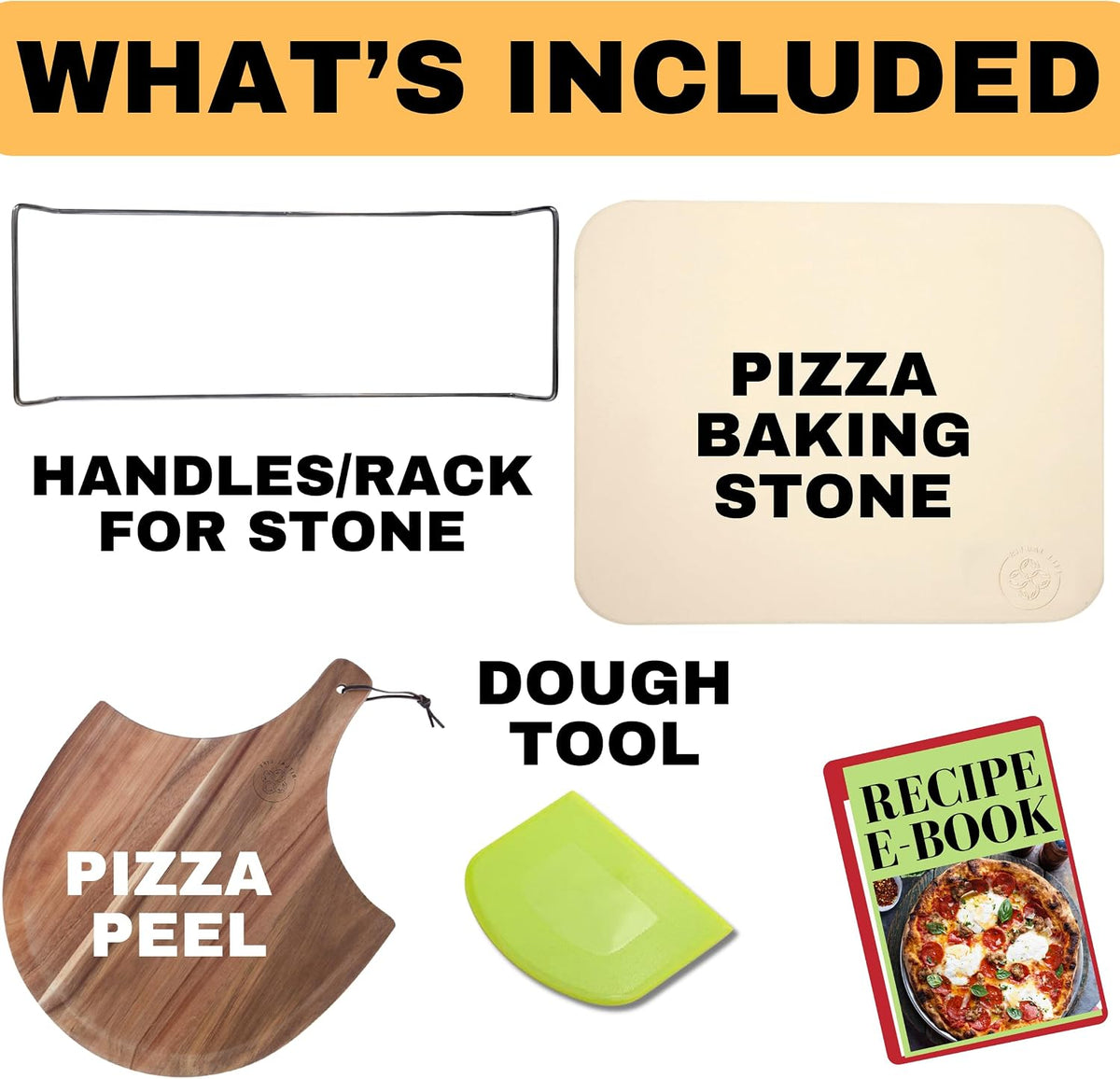 Pizza Stone for Oven and Grill Set - 5PCS Pizza Making Accessories Kit - 15 inch Pizza Stone with Handles, Pizza Peel, Pizza Cutter, Dough Tool - Baking Stone for Bread - Large Rectangular Oven Stones