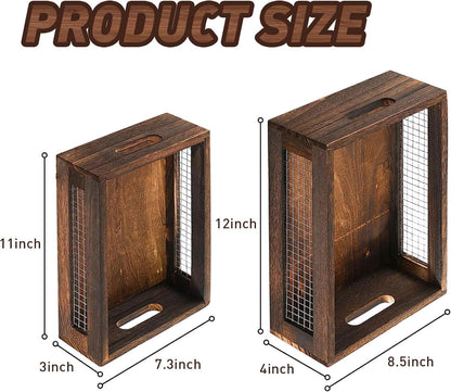 Wooden Crates Storage Boxes Rectangular Wood Craft Basket | 2 Pcs Unfinished Decorative Nesting Cases With Handles, Home Kitchen Desktop Organizer, Closet Plant Display Frames