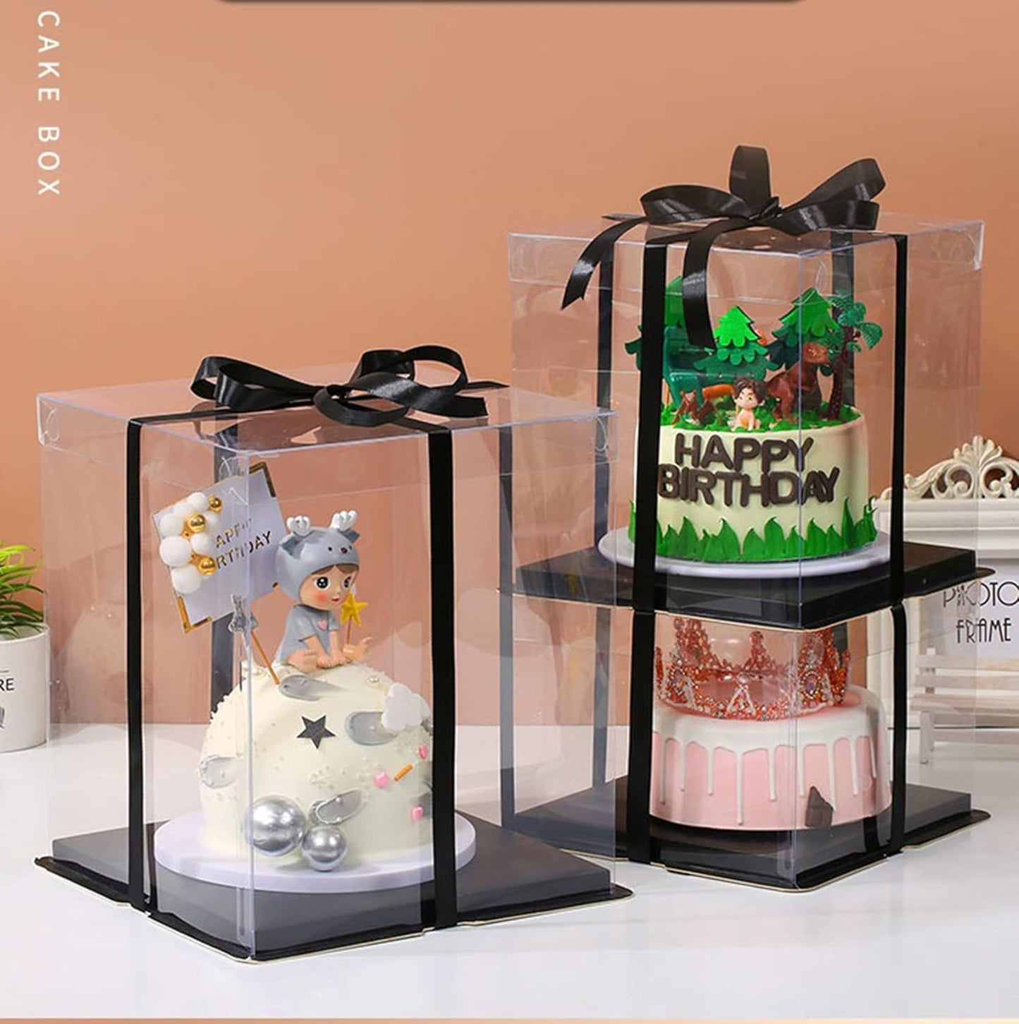 XININSUN 2Pcs Large Cake PET Clear Box, 10" X 10" X 9" with ribbon and pre-folded lid, for 8" cake packing carry, baking cookie display, Carry Tall Layer Gift, Festive Gift Box -White
