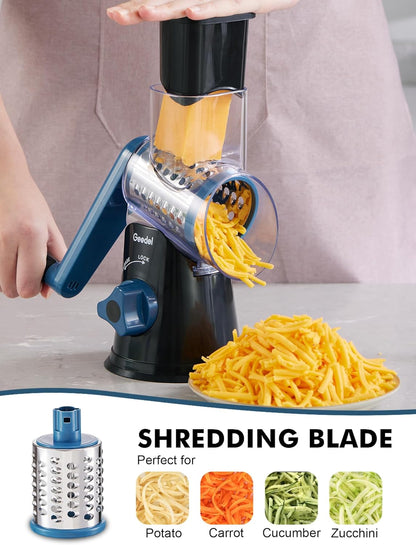 Geedel Rotary Cheese Grater, Kitchen Mandoline Vegetable Slicer with 3 Interchangeable Blades, Easy to Clean Rotary Grater Slicer for Cheese, Vegetables, Nuts