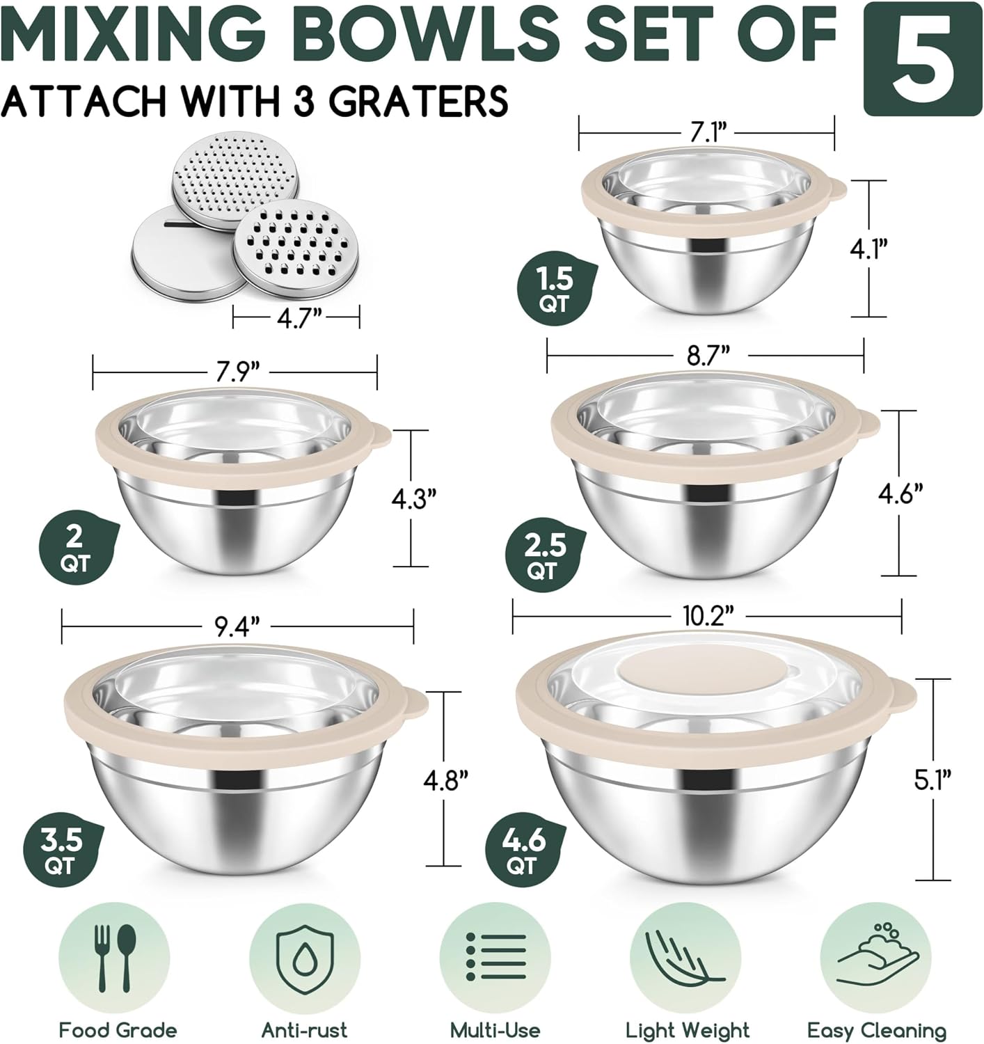 Herogo 5-Piece Mixing Bowls with Airtight Lids, 3 Grater Attachments, Stainless Steel Salad Serving Bowls for Kitchen, Size 4.6, 3.5, 2.5, 2, 1.5QT Ideal for Prepping & Cooking, Black