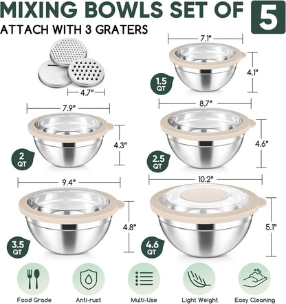 Herogo 5-Piece Mixing Bowls with Airtight Lids, 3 Grater Attachments, Stainless Steel Salad Serving Bowls for Kitchen, Size 4.6, 3.5, 2.5, 2, 1.5QT Ideal for Prepping & Cooking, Black