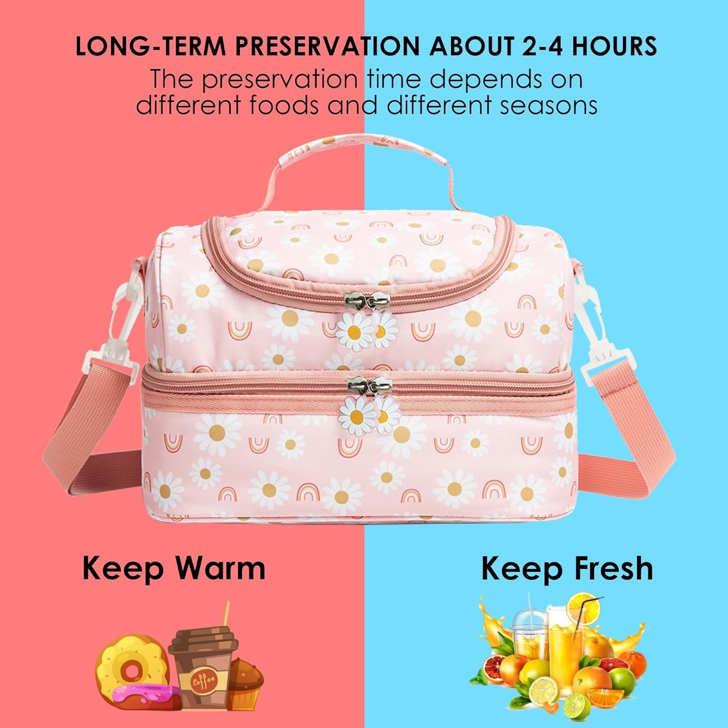 Insulated Kids Dual Compartment Lunch Bags Tote Pack for Girls Boys Toddler Kindergarten School Picnic Cooler Thermal Lunch Boxes with Strap (Green Rainbow)