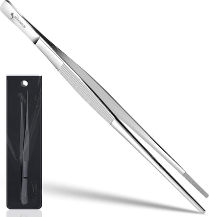 12-Inch Stainless Steel Kitchen Tweezers – Precision Serrated BBQ Tongs for Cooking, Grilling, Plating & Food Handling, Long Professional Chef Tweezer Tool