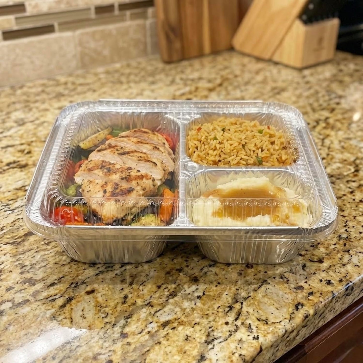 The Baker Celebrations 3 Compartment Aluminum Foil Trays with Lids [30] Pack - 20 oz Disposable Divided Meal Prep Containers - To Go TV Dinner Plates for Takeout & Freezer - Made in USA (8.5" x 6.5")