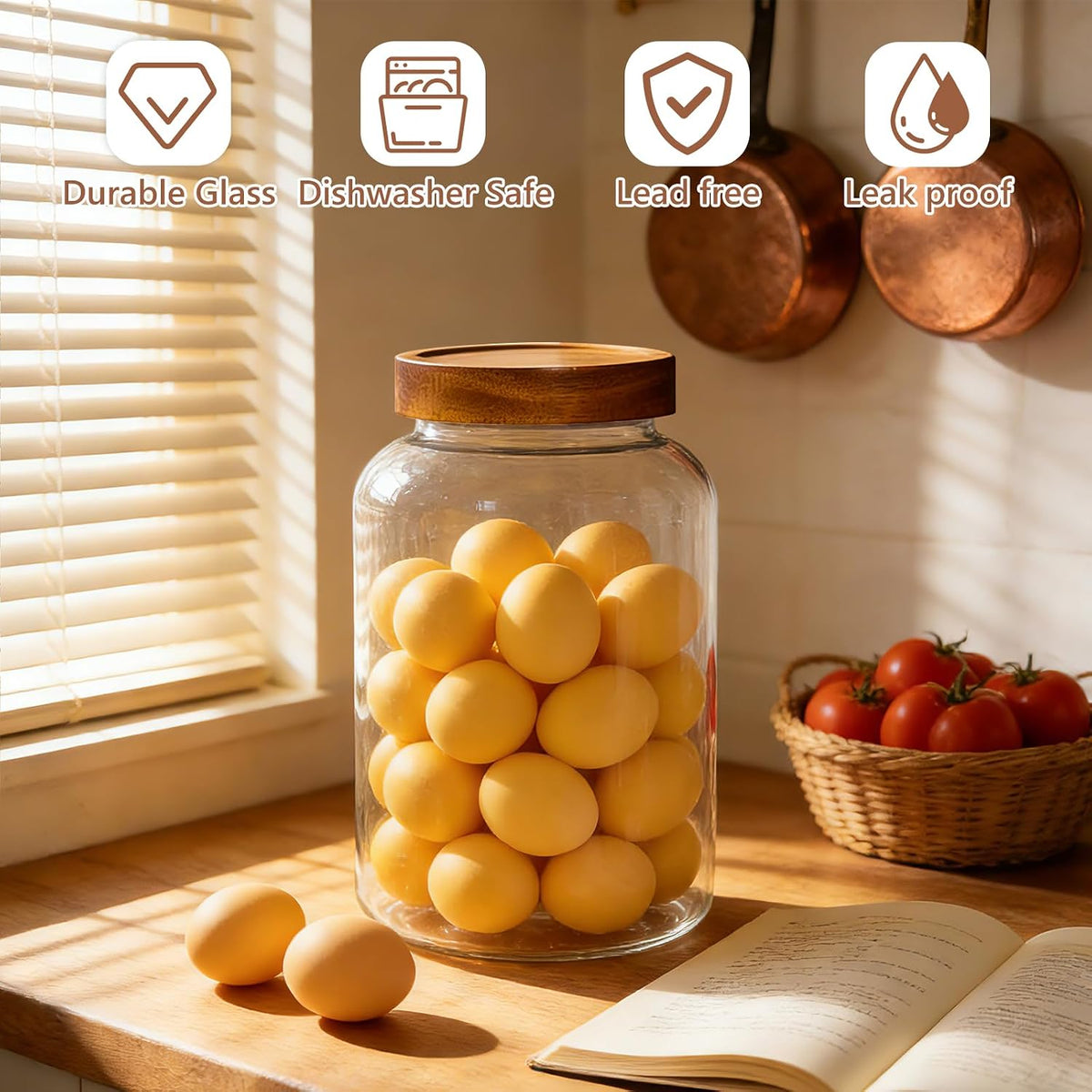 KEYWING 88oz Large Glass Jars with Airtight Acacia Wood Lids, Set of 3 Food Storage Containers for Flour, Sugar, Rice, Pasta, Cereal, Cookies – Includes 126 Labels