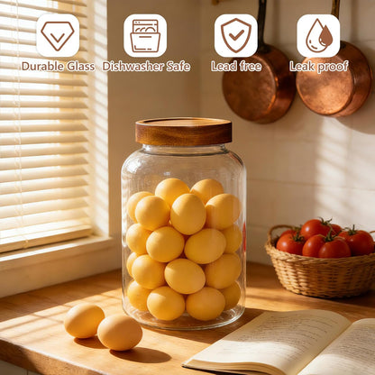 KEYWING 88oz Large Glass Jars with Airtight Acacia Wood Lids, Set of 3 Food Storage Containers for Flour, Sugar, Rice, Pasta, Cereal, Cookies – Includes 126 Labels