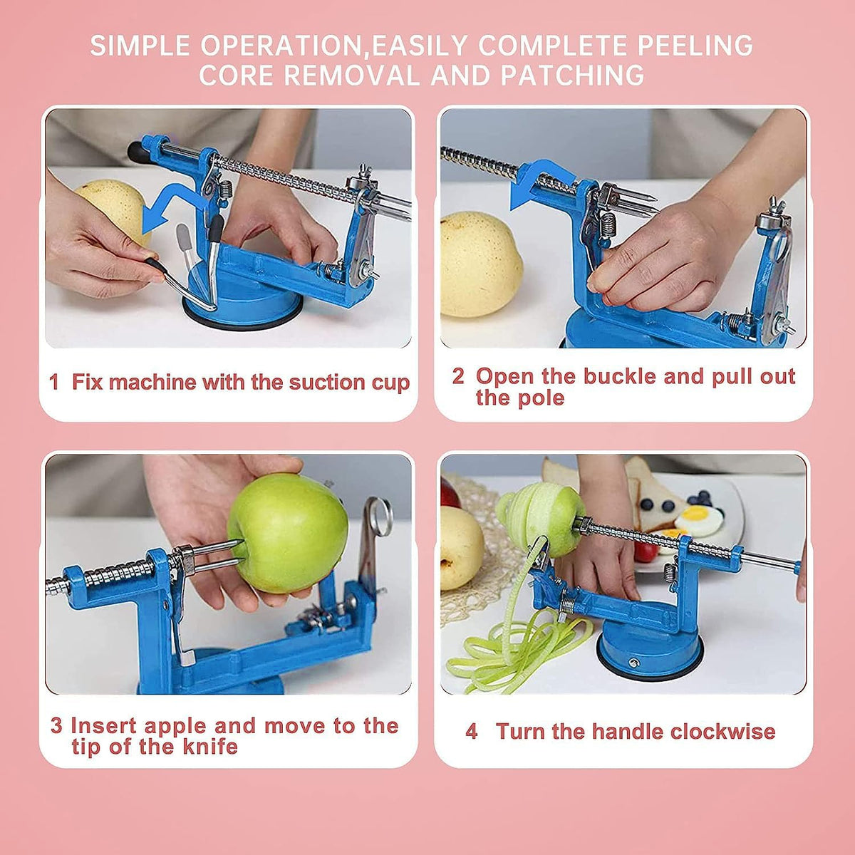 Apple Peeler, Slicer Corer Potato Peelers 3 In 1, Stainless Steel Heavy Duty with Suction Cup Base (Blue)