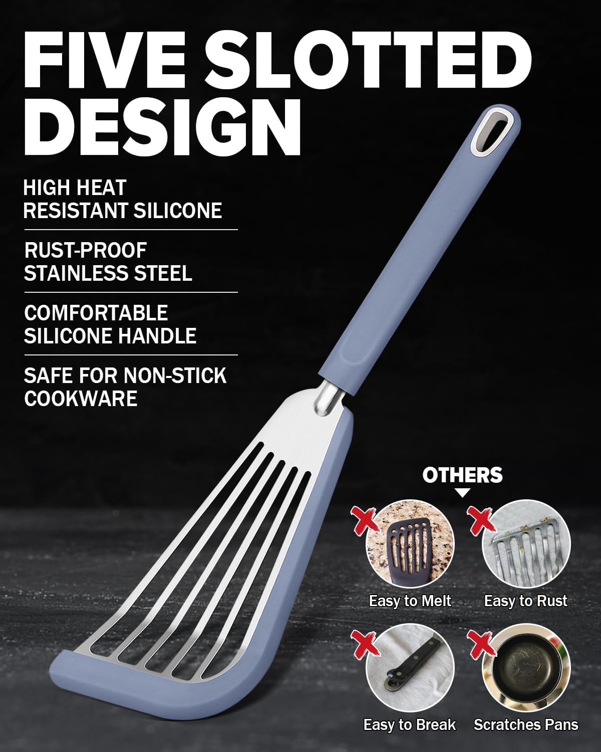 Fish Spatula Turner, Thin Slotted Spatulas for Nonstick Cookware,Silicone Edge Heat Resistant Kitchen Flipper for Fish, Egg, Pancake(Stainless Steel, 2Pack)
