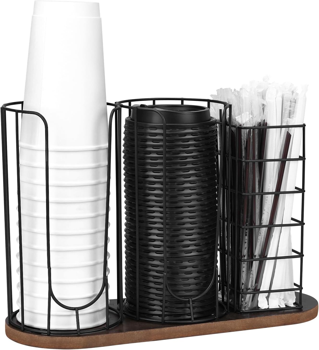 Coffee Cup and Lid Holder with Wooden Base, 3-Slot Coffee Station Organizer Dispenser for Paper Plastic Cups, Lids & Straws, U-Shape Metal Wire Coffee Bar Storage for Countertop, Office, Kitchen