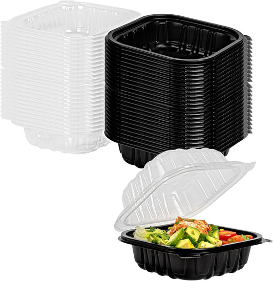 Thermo Tek 40 Ounce Clamshell Containers, 50 Disposable Take Out Boxes - 3 Compartments, Ventilated Lids, Black Plastic Meal Prep Containers, Microwavable, For Pasta Or Salads - Restaurantware
