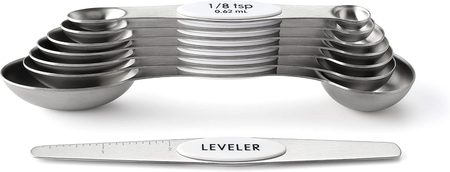 Spring Chef Stainless Steel Magnetic Measuring Spoons Set with Strong N45 Magnets, Heavy Duty Metal Kitchen Gadgets for Baking & Cooking, Fits in Most Kitchen Spice Jars, Set of 8 with Leveler, Black