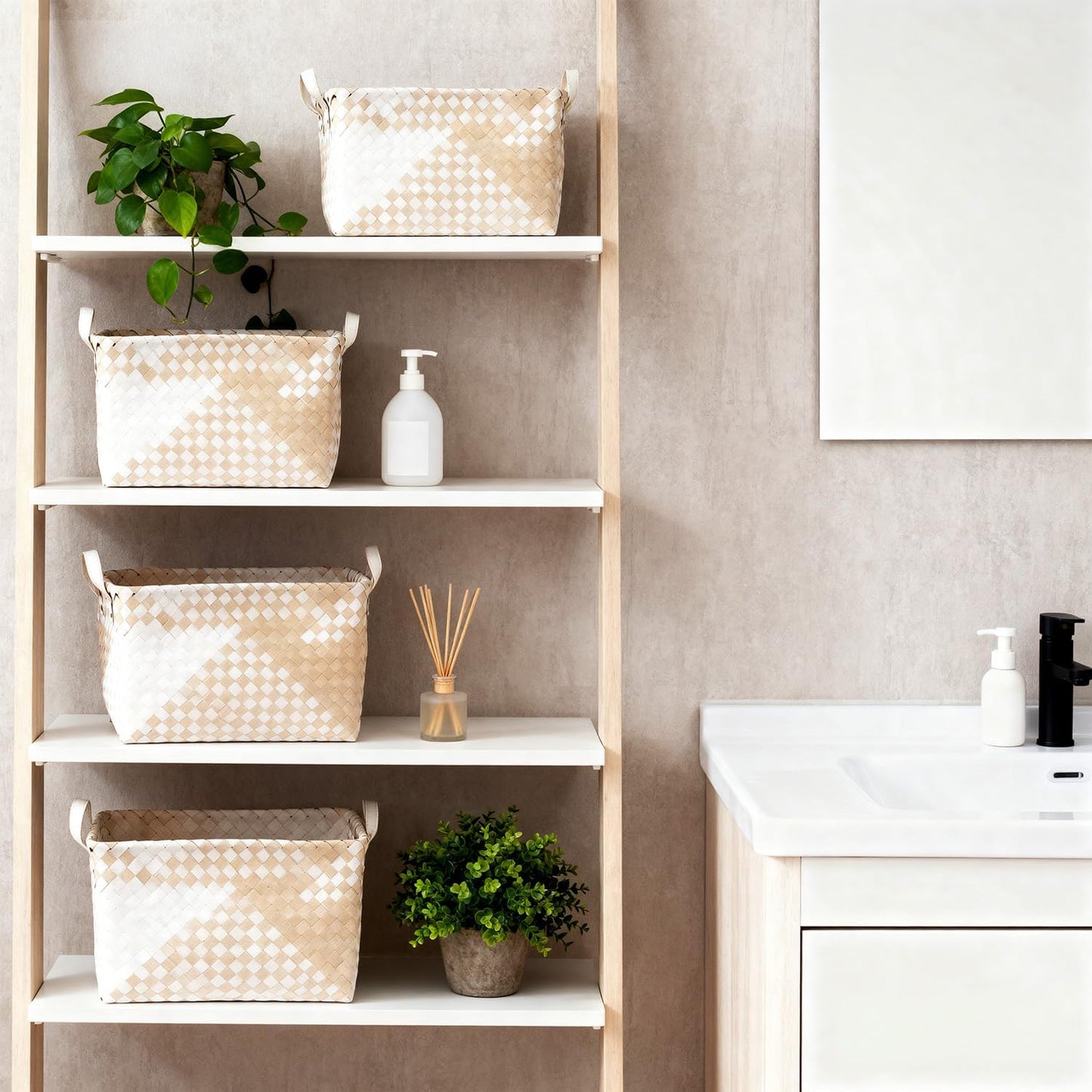 15L Laundry Baskets Waterproof Storage Baskets For Shelves Large Laundry Hamper With Leather Handle -set of 4 Cube Organizers Woven Bins for Bathroom,Bedroom,Pantry,Clothes,Car & Towels-Brown