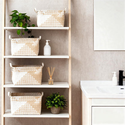 15L Laundry Baskets Waterproof Storage Baskets For Shelves Large Laundry Hamper With Leather Handle -set of 4 Cube Organizers Woven Bins for Bathroom,Bedroom,Pantry,Clothes,Car & Towels-Brown