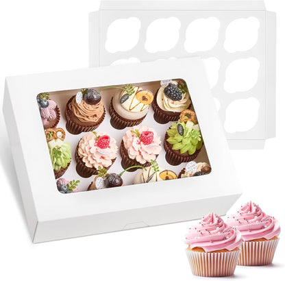 Kucoele 12 Count Cupcake Boxes, 2 Pack White Cupcake Containers with Windows and Inserts, Disposable Cupcake Carriers for Muffins, Treats, Pastries, 13 x 10 x 4 Inches