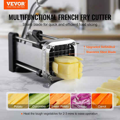 VEVOR French Fry Cutter, Potato Slicer with 1/2", "3/8", "1/4 Stainless Steel Blades, Manual Potato Cutter Chopper with Suction Cups, Great for Potato, French Fries, Cucumber, Vegetables, Carrot