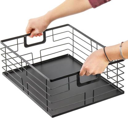 TOPZEA Black Metal Food Storage Basket for Pantry Organization, Large Steel Wire Farmhouse Basket Organizer Bin with Handles for Organizing Bathroom, Kitchen, Shelf, Cabinet, 16"x 12.5"x 6"