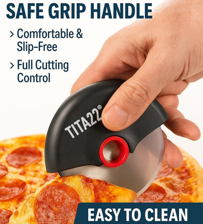 TITA22™ Titanium Coated Pizza Cutter Wheel – Ultra Sharp & Durable, Rust Resistant, Ergonomic Safe Grip Handle, Dishwasher Safe, Detachable Blade for Easy Cleaning – Professional Pizza Slicer