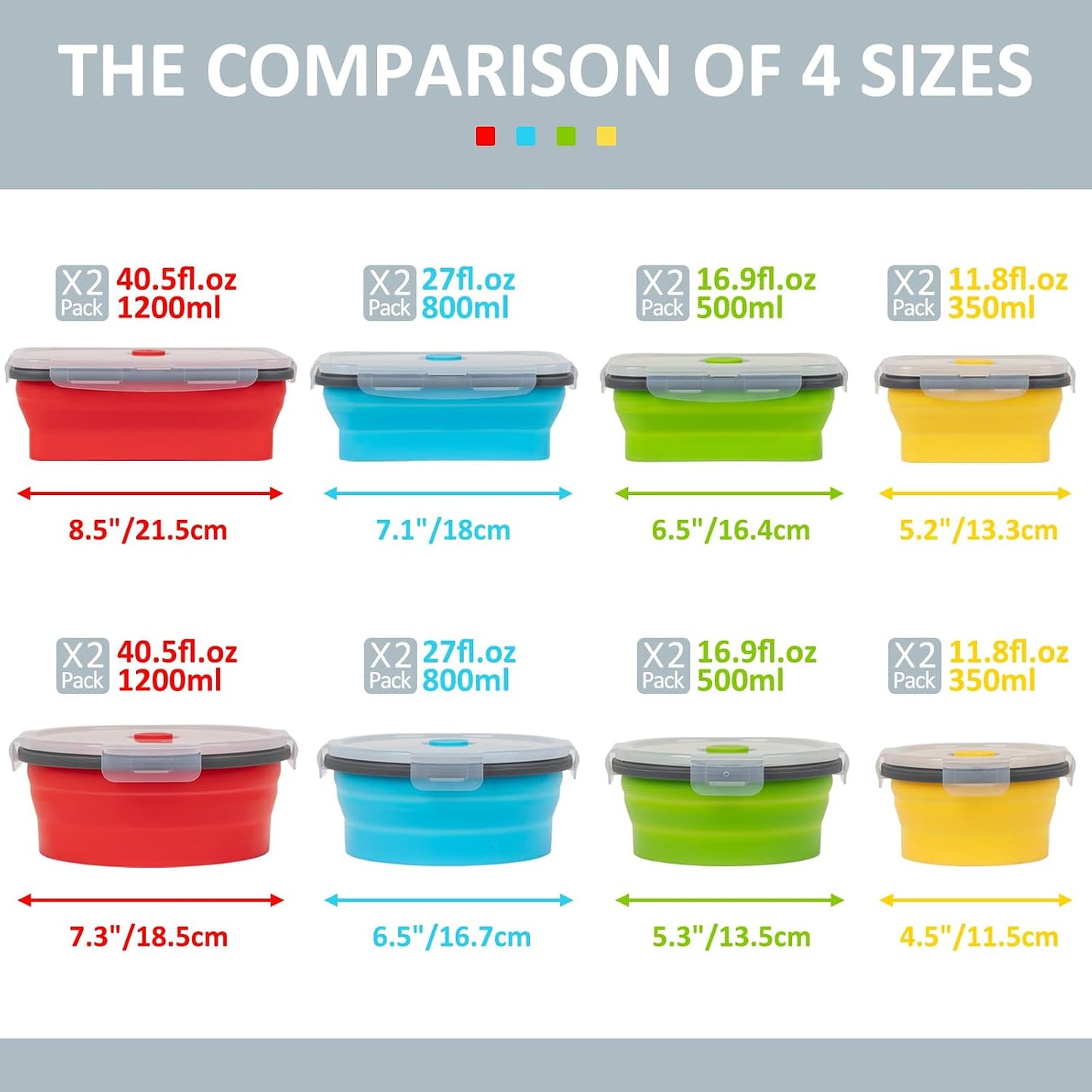 Collapsible Silicone Food Storage Containers Set with Lid & Air Vent,Foldable Lunch Containers(4PCS,Blue,27oz)