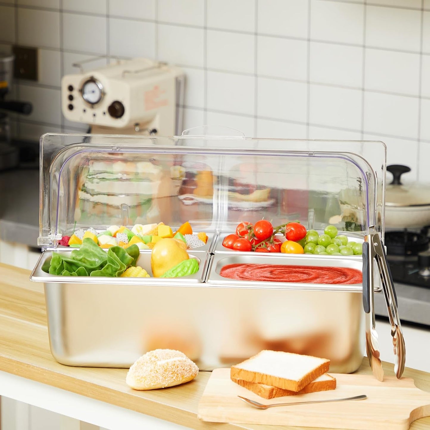 Condiment Tray Stainless Steel Serving Display Set with Lid for Buffet Restaurant Kitchen, Food Chilled Container for Salad Fruit Condiments, Keeps Food Fresh with Ice Box(6 Compartments)