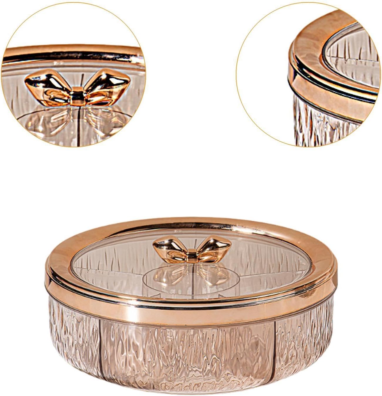 Amagogo Divided Serving Tray with Transparent Lid Snack Tray Rotatable Base Appetizer Platter with 6 Compartments Dessert Dish Suitable for Gift Giving Home D, Golden Bow