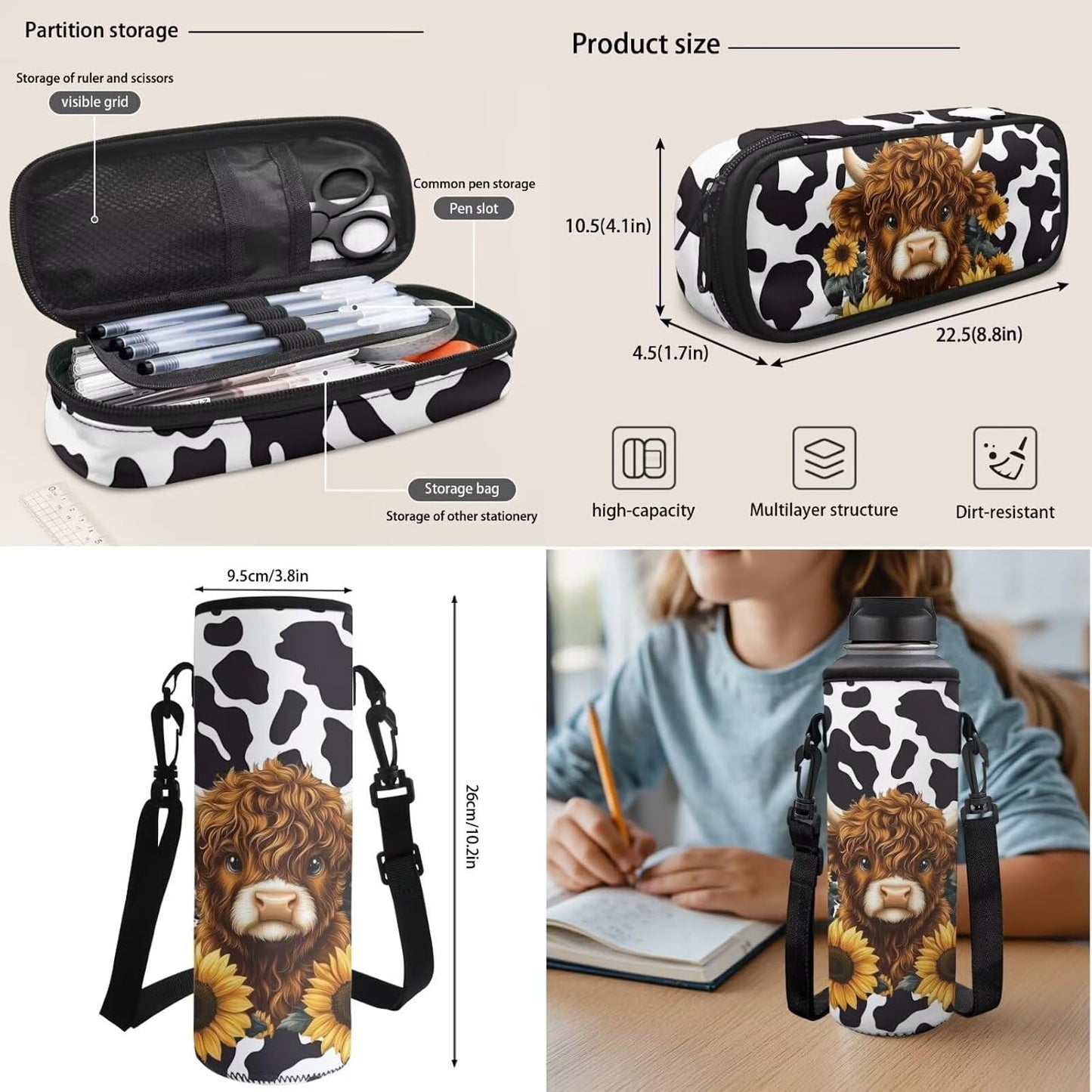 Highland Cow Backpack with Lunch Box Set for Kids Sunflower School Backpack for Girls Boys Back to School Bag Student Travel Backpacks Reusable Utensils Pen Case Water Bottle Bag 5PCS