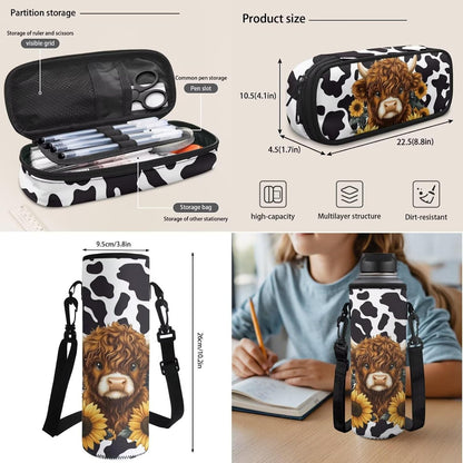 Highland Cow Backpack with Lunch Box Set for Kids Sunflower School Backpack for Girls Boys Back to School Bag Student Travel Backpacks Reusable Utensils Pen Case Water Bottle Bag 5PCS