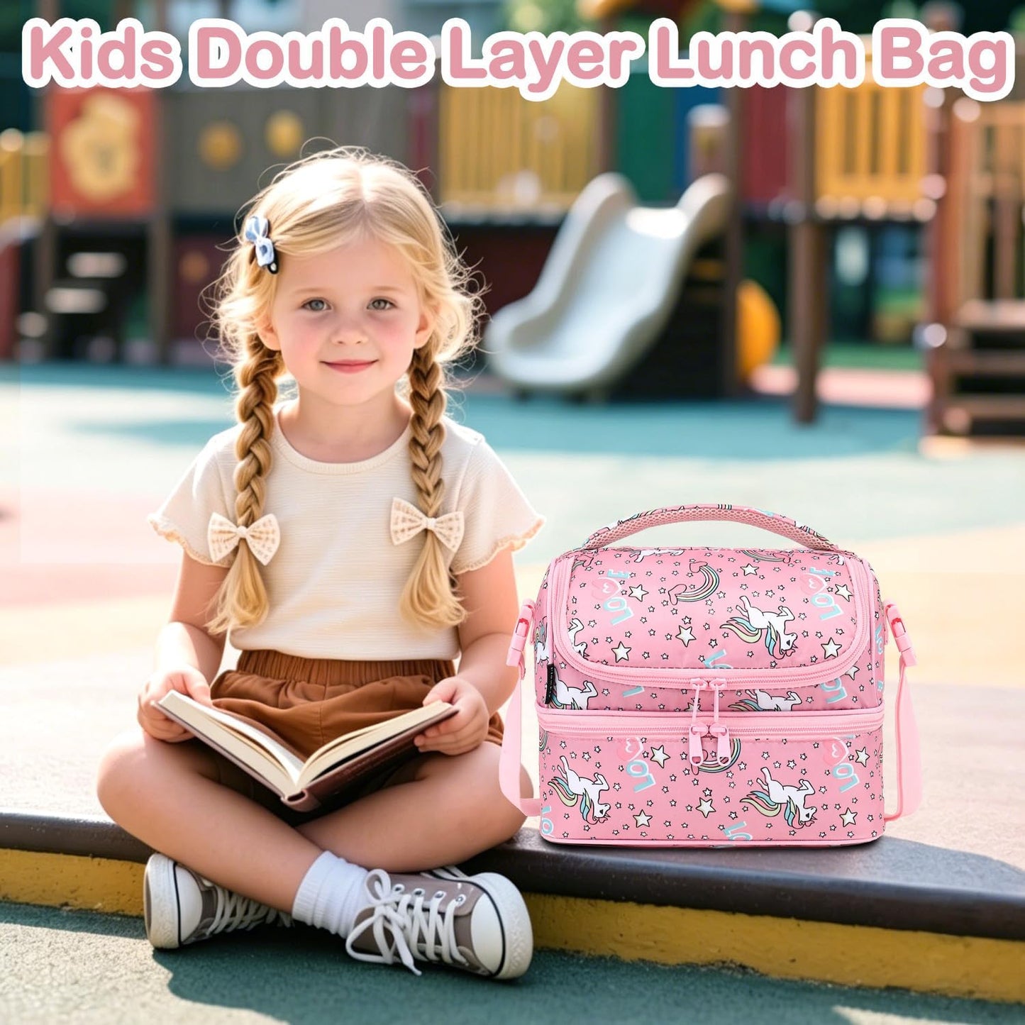 FlowFly Kids Double Decker Cooler Insulated Lunch Bag Large Tote for Boys, Girls, Men, Women, With Adjustable Strap, Unicorn