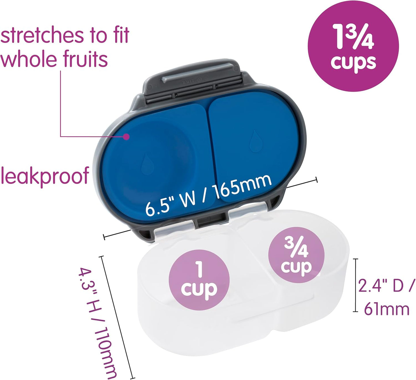 b.box Snack Box 2-Pack - Leak Proof Mini Bento Box for Kids & Toddlers, 2 Compartment Snack Containers for Kids, Dishwasher Safe, BPA-Free, PFAS-Free, Ages 4mo+, 1 3/4 Cup Each (Strawberry + Lilac)