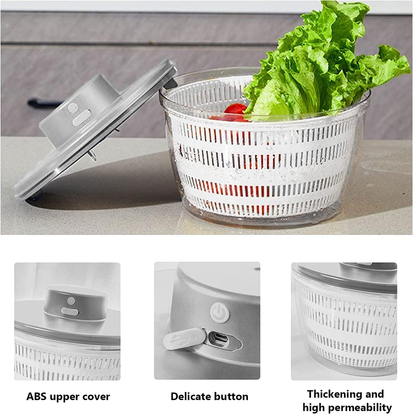Electric Salad Spinner, 6L Lettuce spinner,Large Capacity Salad Vegetable Dryer,Fruit Salad Washer spinner dryer for Home Kitchen Washing & Drying Leafy Vegetables