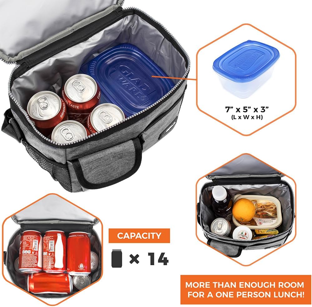 opux Insulated Lunch Bag for Men Women, Leakproof Black Lunch Box for Work, Portable Soft Lunch Cooler Bag with Shoulder Strap, Adult Lunchbox Lunch Pail for Kid Boy Girl School, 14 Can/8L