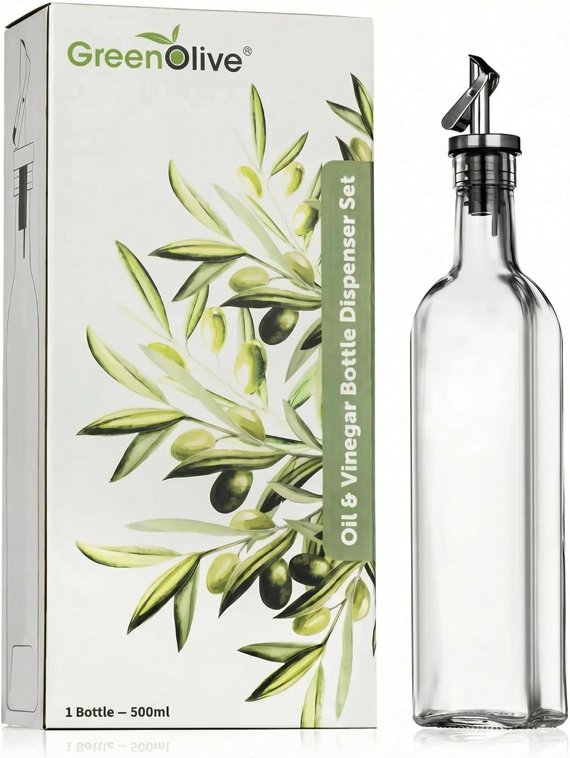 GREENOLIVE Olive Oil and Vinegar Dispenser Set - 17 oz. Glass Bottles with No-Drip BPA-Free Spouts - Stylish O and V Identifiers for Kitchen and Dining Use, Olive Oil Dispenser Bottle - Set of 2