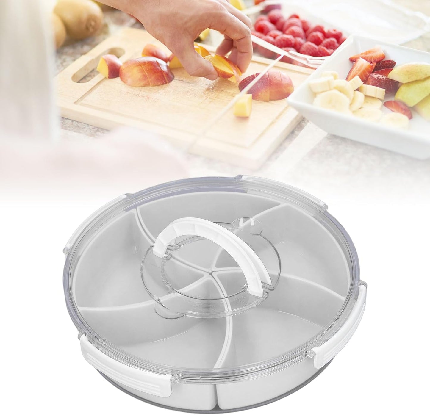 5 Grid Round Rotating Snack Box, Divided Food Storage Container With Lid & Handle, Multi - compartment Serving Tray for Fruit Nut Candy Snack Party Household Use (White)