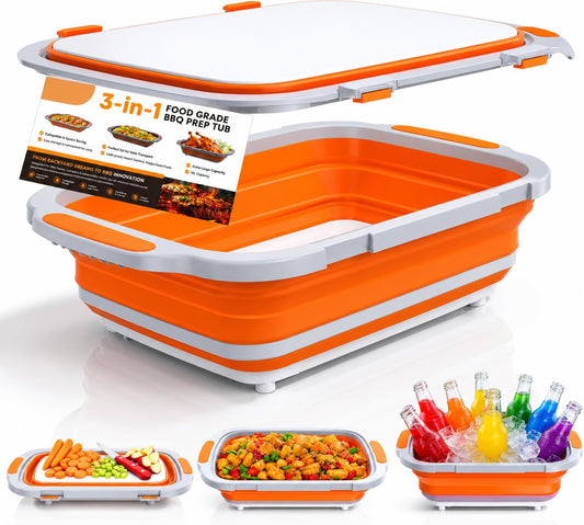 XL BBQ Prep Tub with Lid, XL Collapsible Marinating Container & Cutting Board - Foldable Food Basin for Meat - Grill Prep Station for Outdoor Cooking, Camping, BBQ, Food Storage Tray - 16L