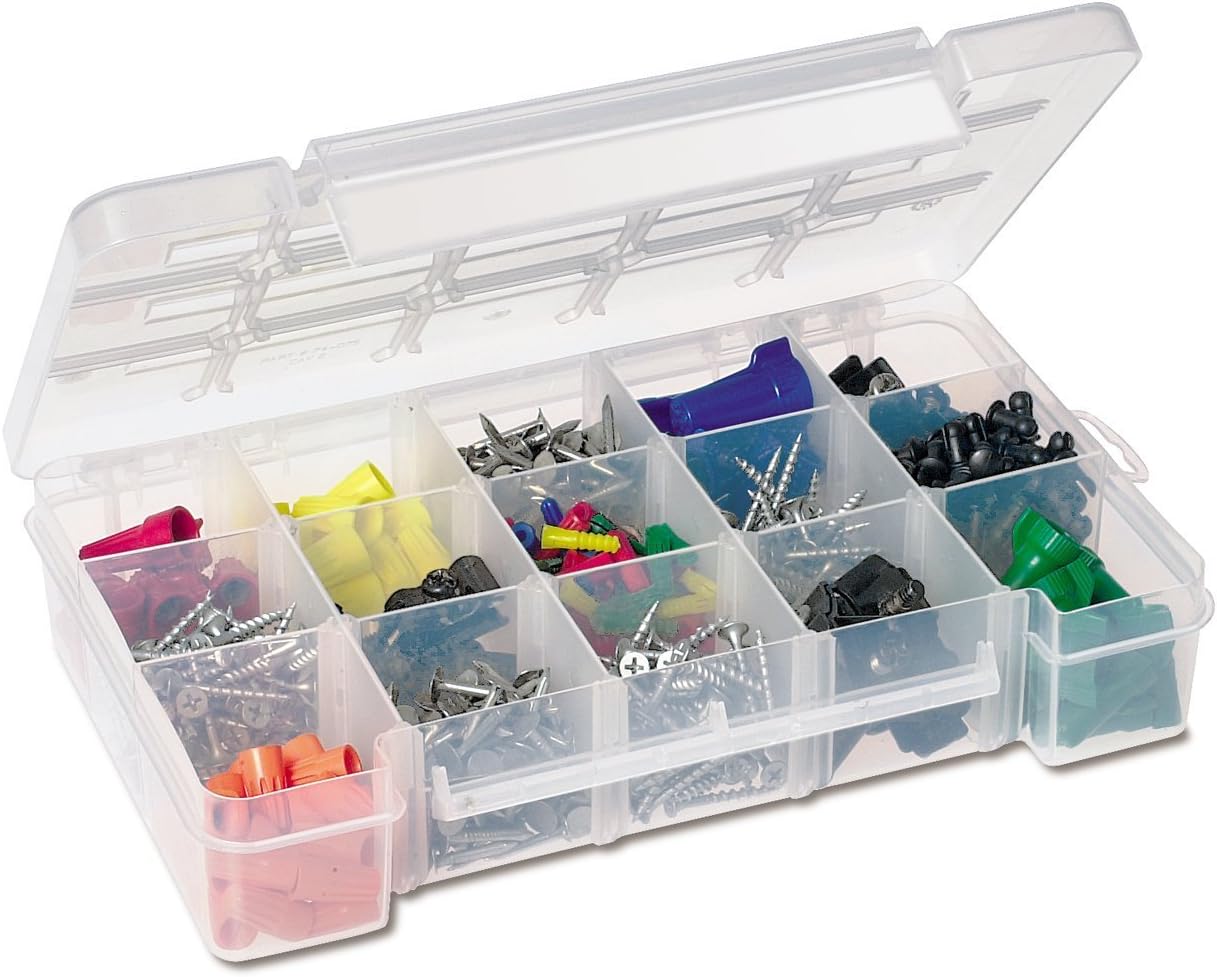 Akro-Mils 05705 Plastic Portable Parts Storage Case for Hardware and Crafts with Hinged Lid and 4 Adjustable Dividers, (8-3/8-Inch x 5-Inch x 1-5/8-Inch), Small, Clear