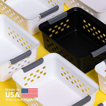 IRIS USA Plastic Storage Baskets, 6-Pack, Made in USA, Shelf Baskets Small Baskets Organizing Bins for Pantry Countertops Closet Shelves Laundry Room Office, Multi-Purpose, Nestable, Easy Carry, Black
