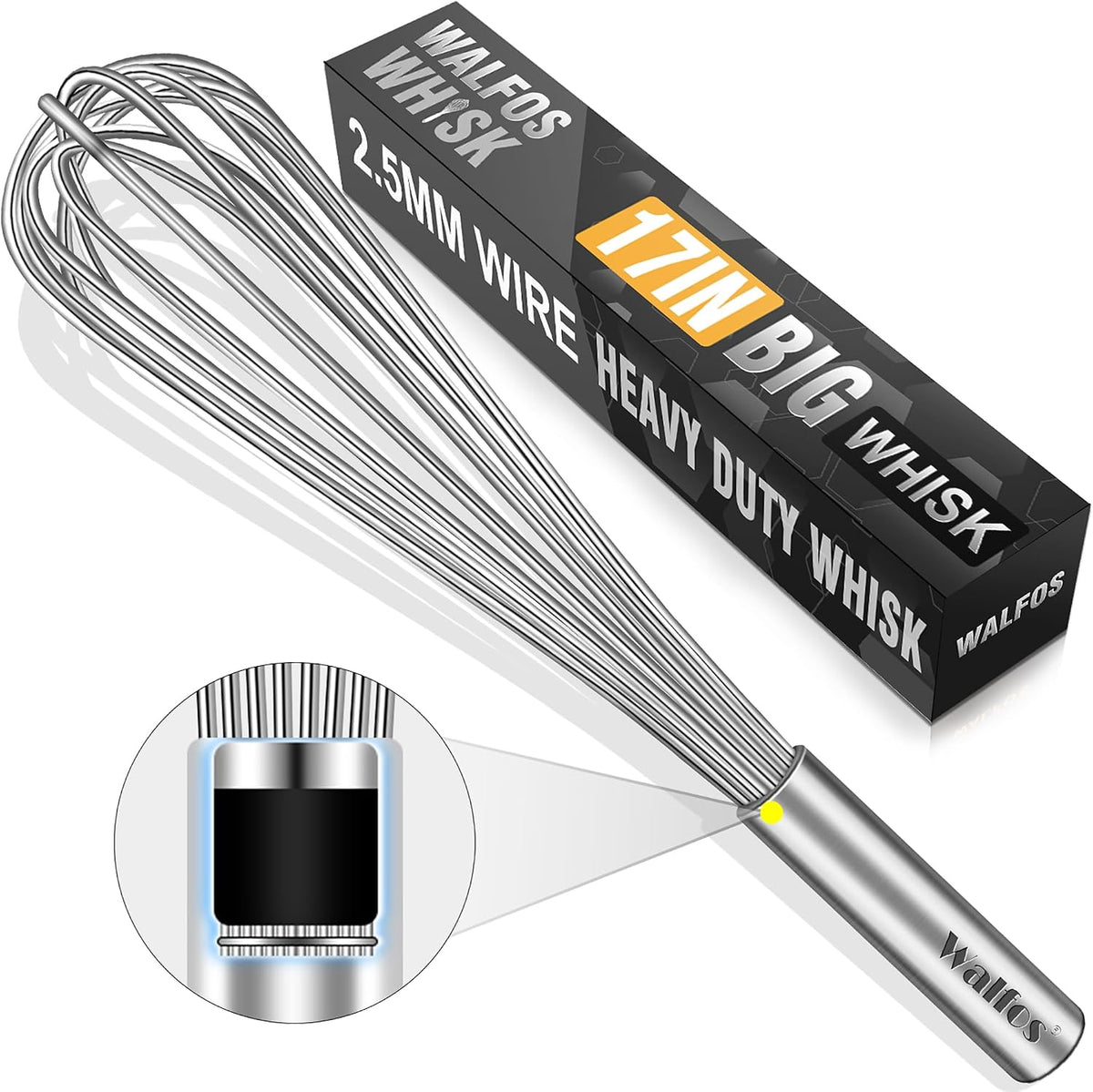 Walfos Whisk,304 Stainless Steel whisk,No-Rust 7+9+11inch Whisks for cooking Nice for Blending,Whisking,Beating.Heat resistant 600°F Dishwasher Safe. Heavy duty kitchen whisk.SILVER