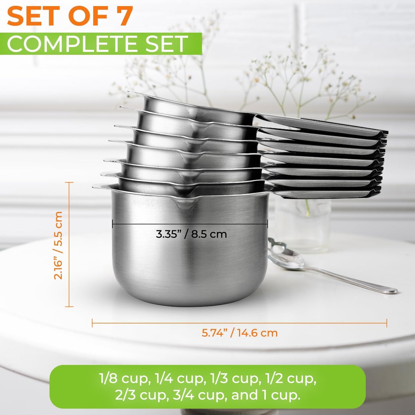 Spring Chef Stainless Steel Measuring Cups Set of 7 with Pour Spout - Nesting Kitchen Tools with Easy Read Markings to Measure Dry or Liquid Ingredients - Metal Measuring Cups for Baking & Cooking