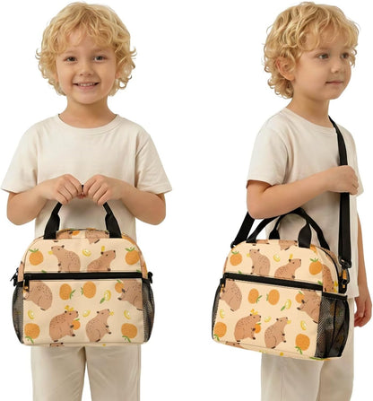 Cute Capybara Pizza Backpack for Girls, 5 Pcs Boys School Bag Set for Kids, 17 Inch Backpacks Lunch Pencil Box Reusable Utensils Case Set for Middle Elementary School, 3rd Grade Backpack