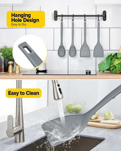 Pack of 4 Silicone Cooking Utensils Set, Non Stick Solid Spatulas and Heat Resistant Slotted Spoons with Back Hooks, Ideal BPA Free Kitchen Utensils Set for Frying,Serving,Turning,Stirring(KHAKI)