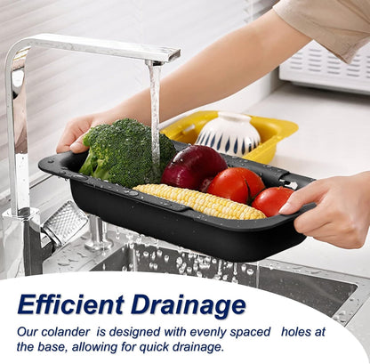 Extendable Sink Colander Strainer Basket - Wash Vegetables and Fruits, Drain Cooked Pasta and Dry Dishes - Adjustable Over the Sink Colander Collapsible Drainer Basket - White