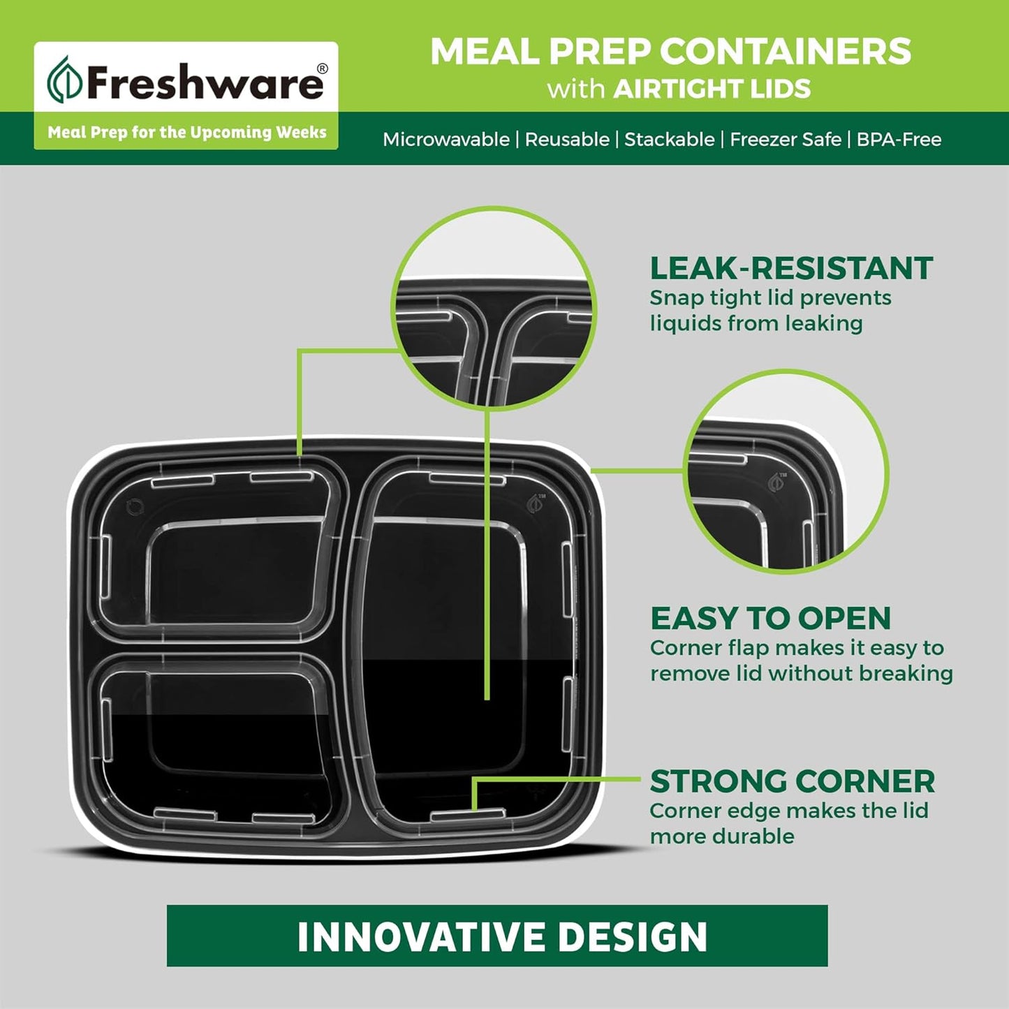 Freshware Meal Prep Containers [15 Pack] 2 Compartment with Lids, Food Storage Containers, Bento Box, BPA Free, Stackable, Microwave/Dishwasher/Freezer Safe (28 oz), Black