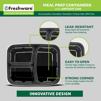 Freshware Meal Prep Containers [15 Pack] 2 Compartment with Lids, Food Storage Containers, Bento Box, BPA Free, Stackable, Microwave/Dishwasher/Freezer Safe (28 oz), Black