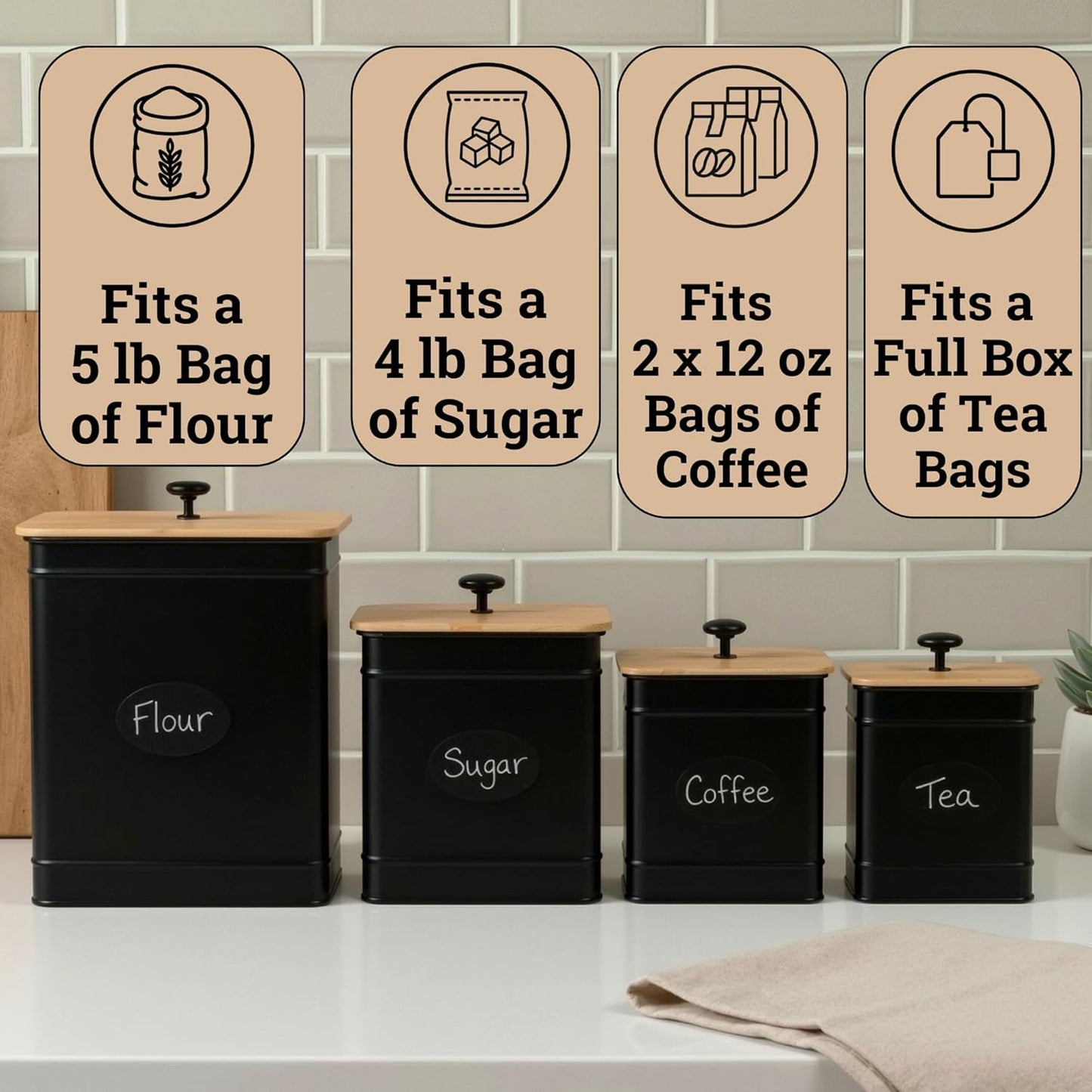 Kitchen Canisters for Countertop Set of 4 with Customizable Chalkboard Labels & Marker Pen - Big Iron Kitchen Canisters with Airtight Lids - Sage Green Canister Set - Flour and Sugar Containers