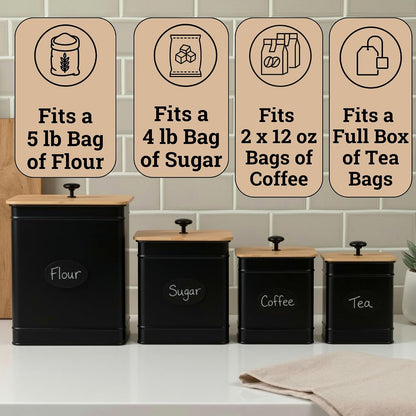 Kitchen Canisters for Countertop Set of 4 w/ Chalkboard Labels & Marker Pen | Airtight Easy Open Bamboo Lids, Dent-Resistant Thick Metal, Customizable Chalkboard Labels, Marker Pen Included, Set of 4
