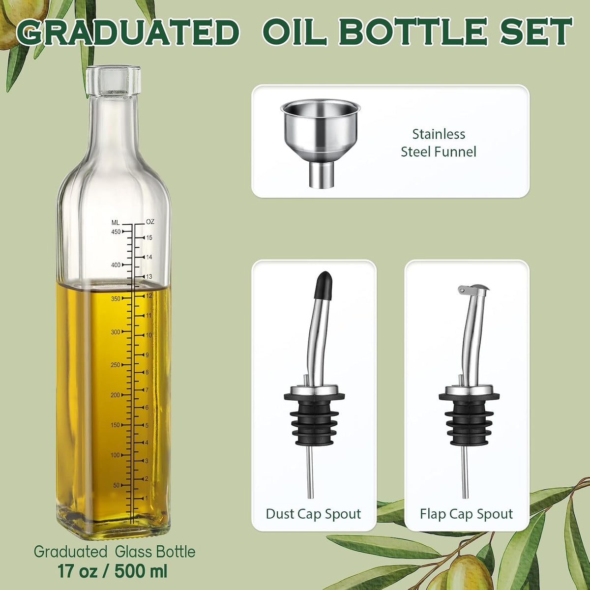 AOZITA 17oz Glass Olive Oil Bottle Dispenser - 500ml Green Oil and Vinegar Cruet with Pourers and Funnel - Olive Oil Carafe Decanter for Kitchen