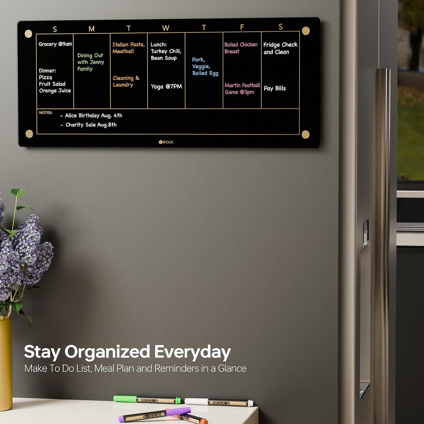 Clear Glass Weekly Dry Erase Calendar & Menu Non-Magnetic Whiteboard for Wall, Meal Plan & Grocery List White Board for Kitchen, 15x11, 7 Days Home Planner, 4 Wet Erase Markers Included, Yeoux