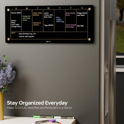 Clear Glass Weekly Dry Erase Calendar & Menu Non-Magnetic Whiteboard for Wall, Meal Plan & Grocery List White Board for Kitchen, 15x11, 7 Days Home Planner, 4 Wet Erase Markers Included, Yeoux