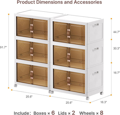 UAMFURI 720QT Stackable Storage Bins with Lids, Extra Large Storage Cabinet with Doors and Wheels, Collapsible Plastic Storage Box for Bedroom Dorm Office Garage