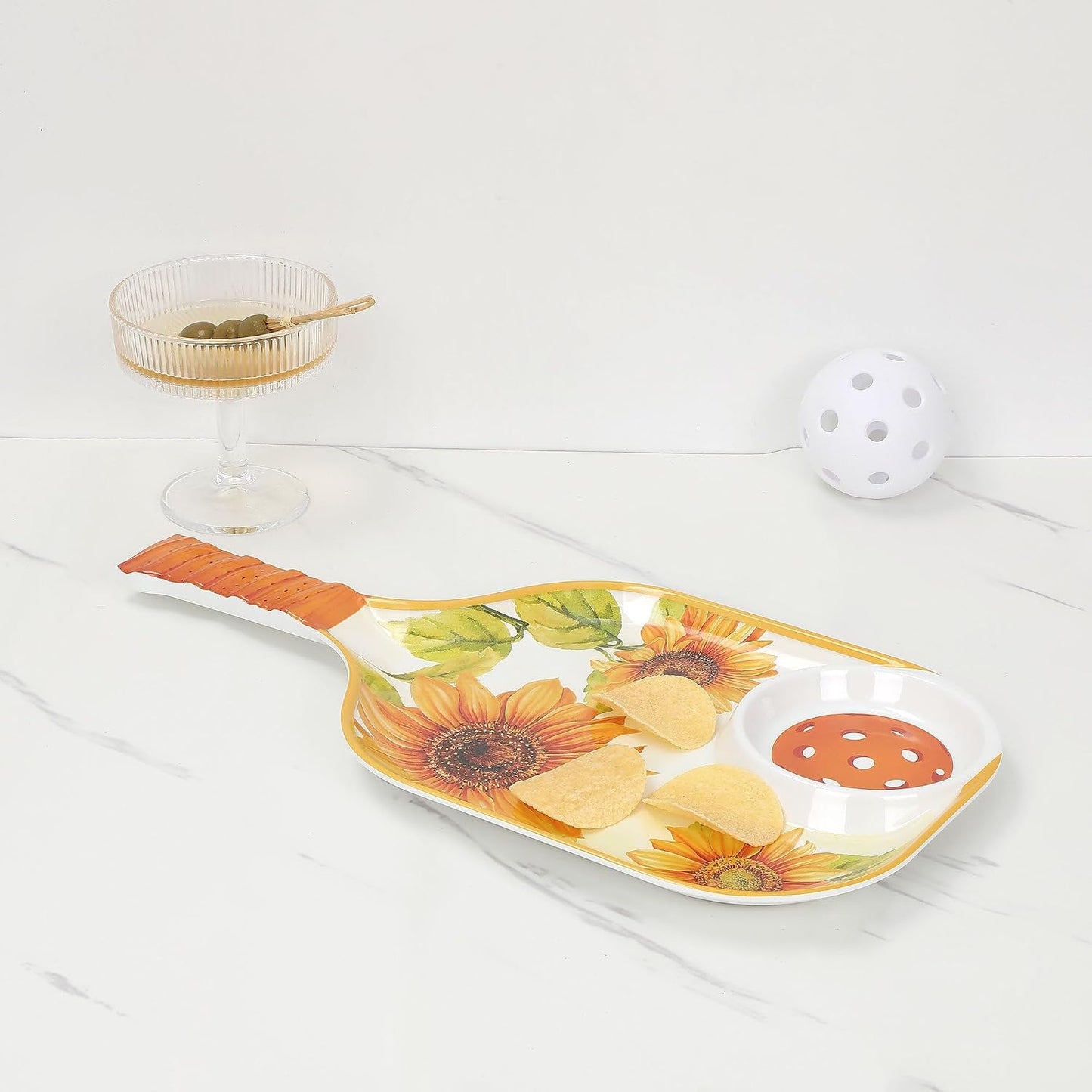 UPware Flamingo Melamine Chip and Dip Snack Tray, Tropical Floral Pickleball Paddle Shape Platter for Chips, Salsa, Fruits, and Appetizers, 15.75 x 8 Inch